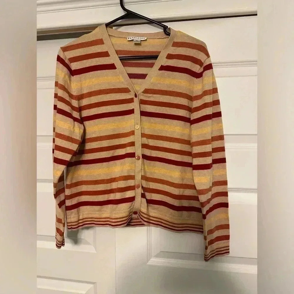 Pendleton Sweater Cardigan Striped Red Brown Gold Buttons Cotton Women's Medium